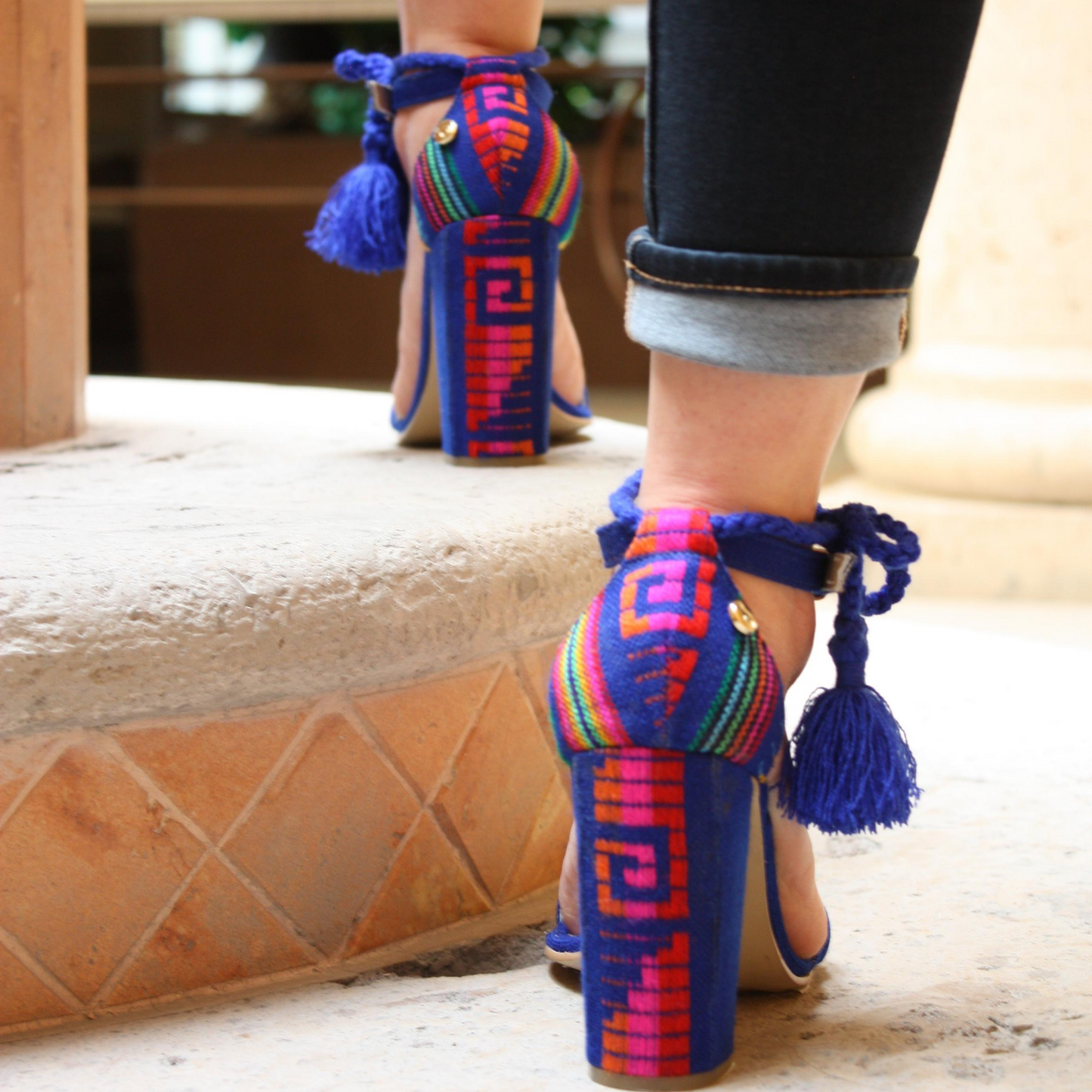 Mexican Block Heels Embroidered Blue