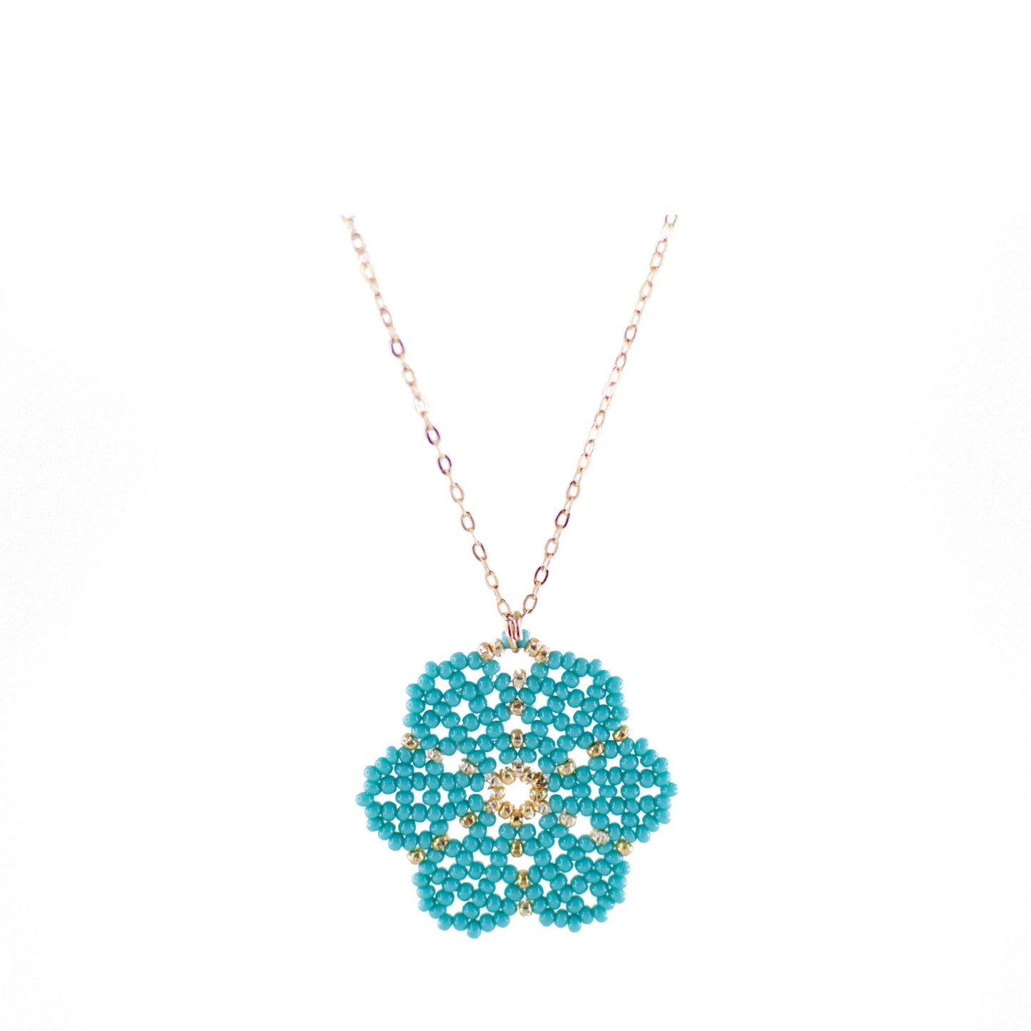 Huichol Flower Blue with Gold Plated Chain 1