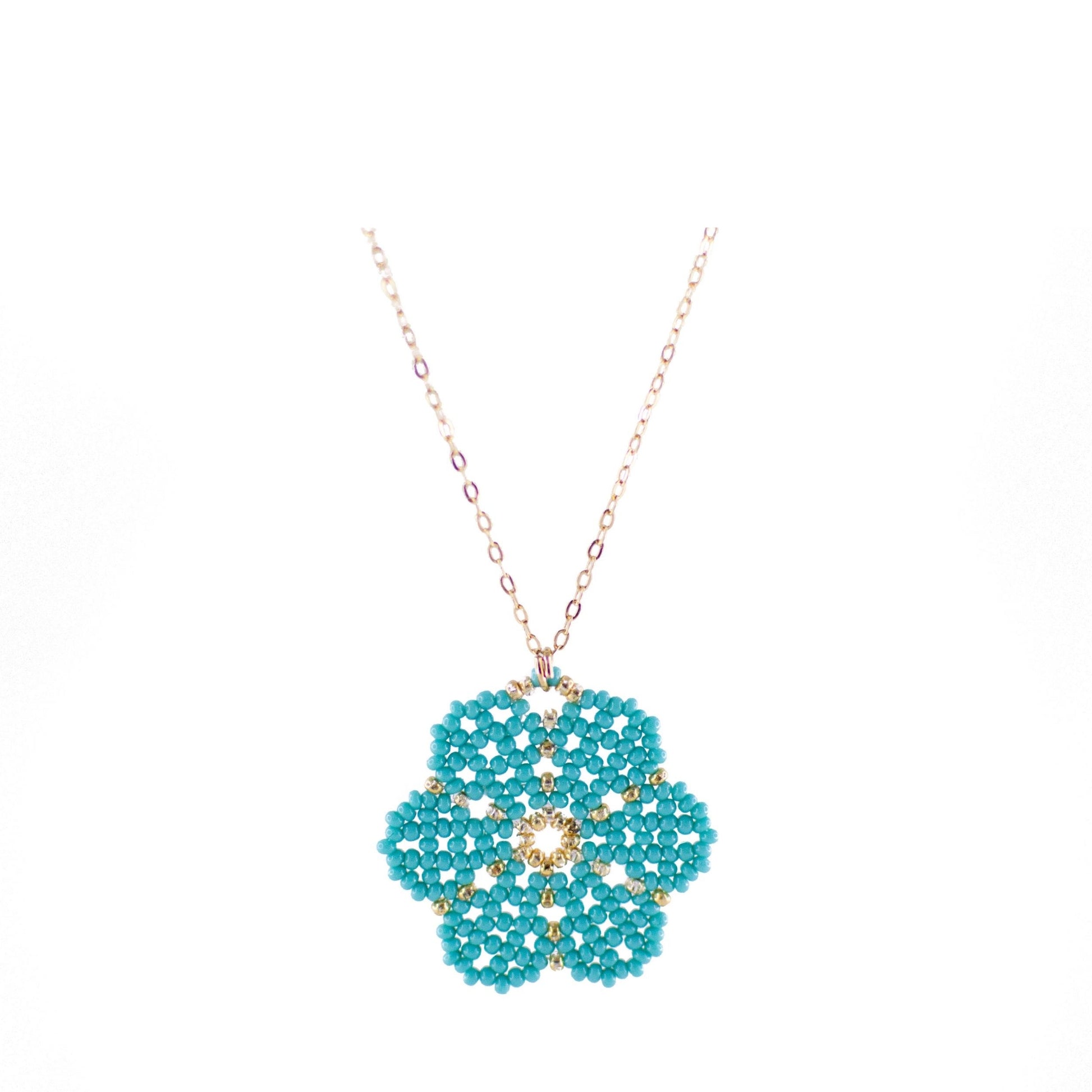 Huichol Flower Blue with Gold Plated Chain 1