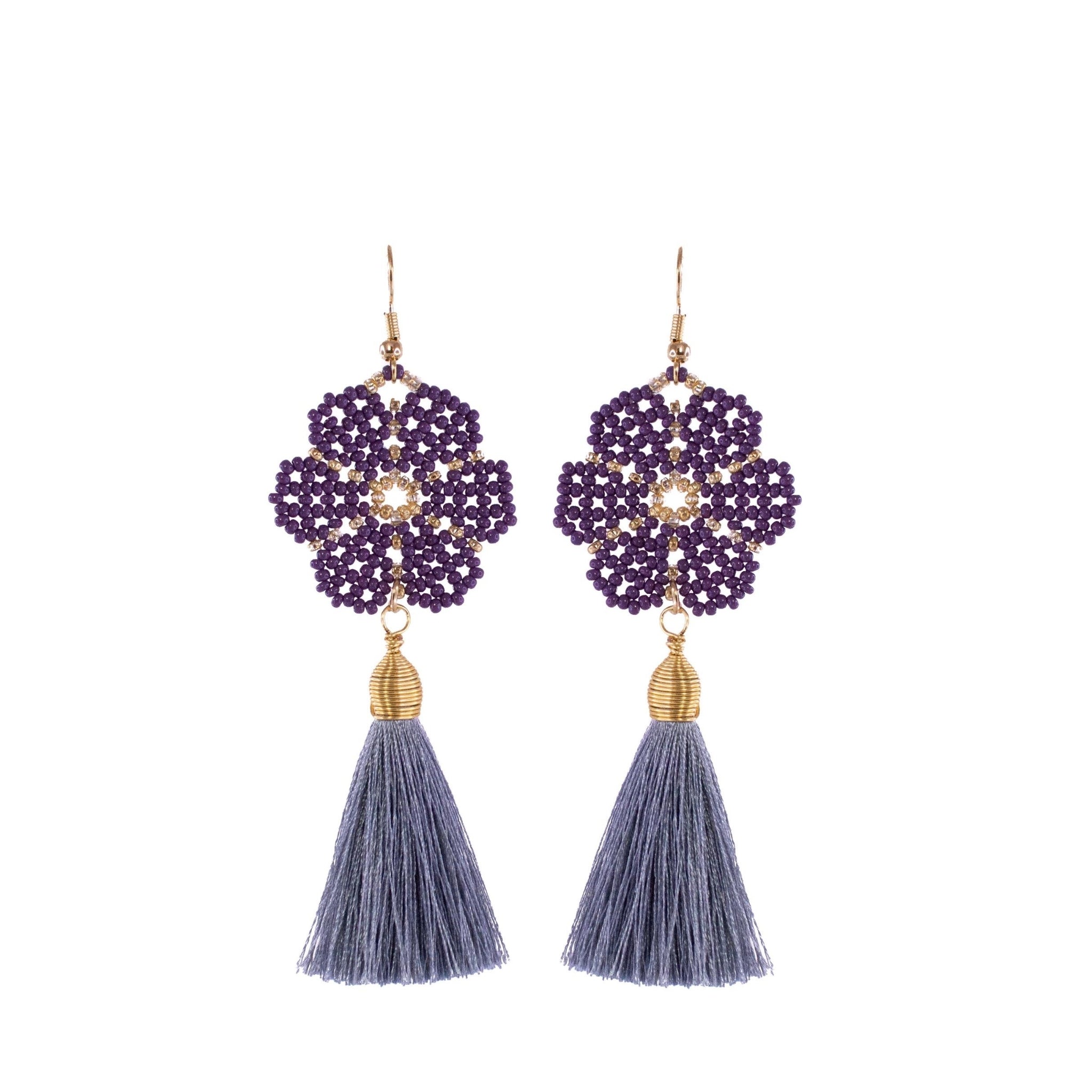 Huichol and Silk Earrings Purple and Gray 1