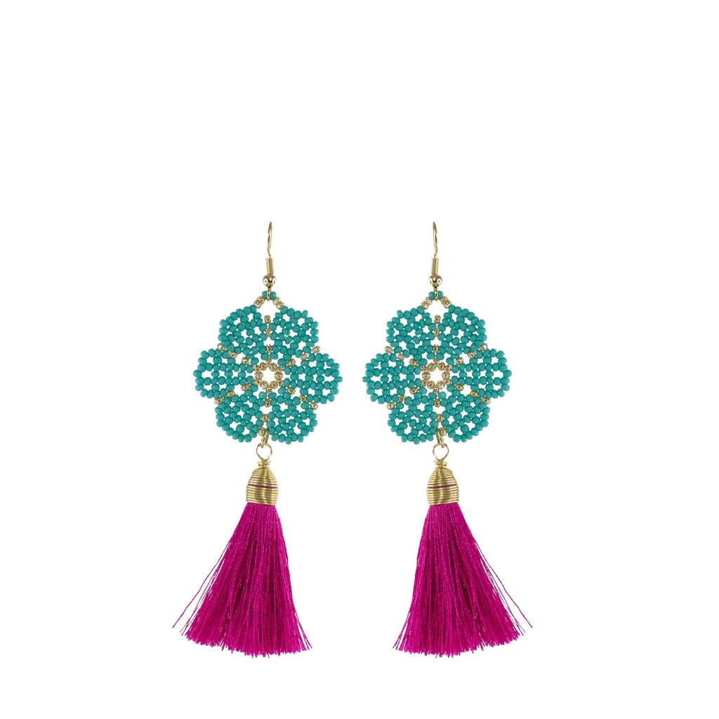 Huichol and Silk Earrings Teal and Hot Pink 1