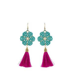 Huichol and Silk Earrings Teal and Hot Pink 1