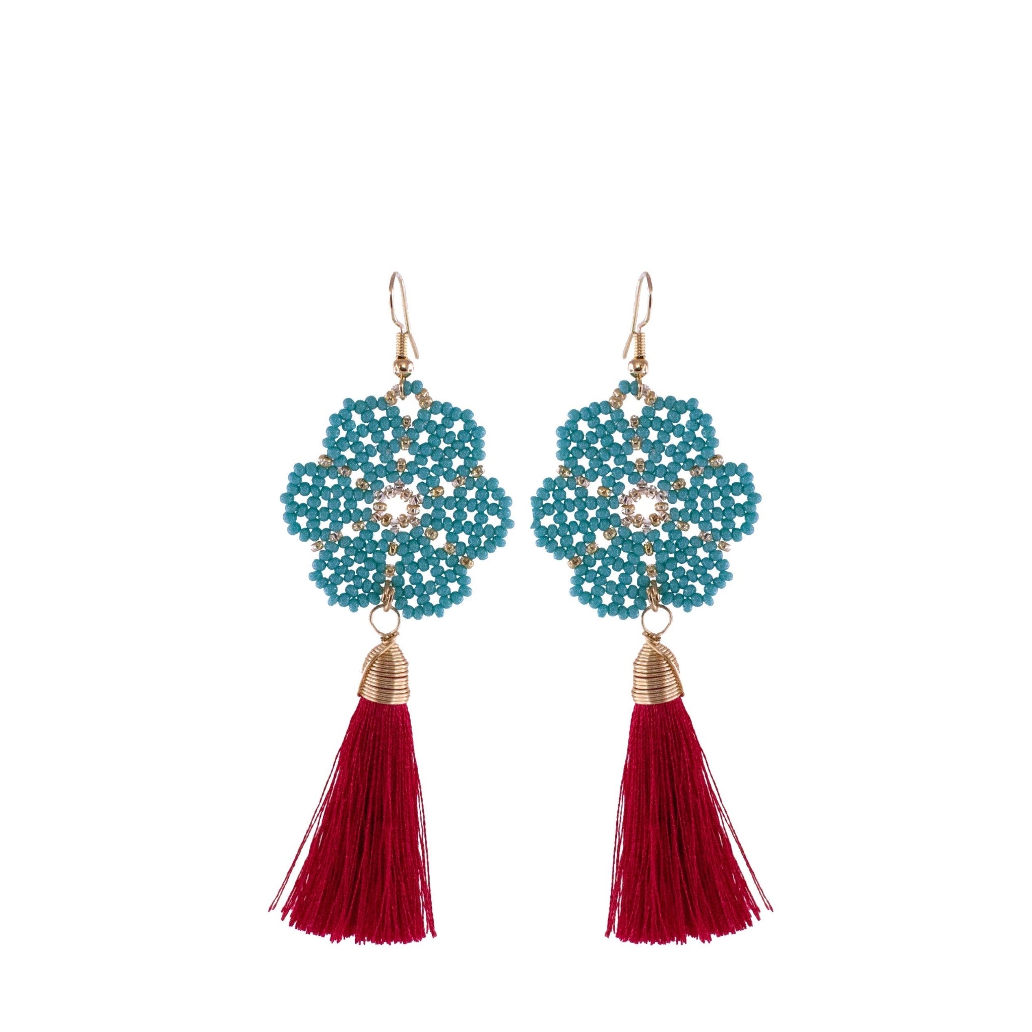 Huichol and Silk Earrings Teal and Red