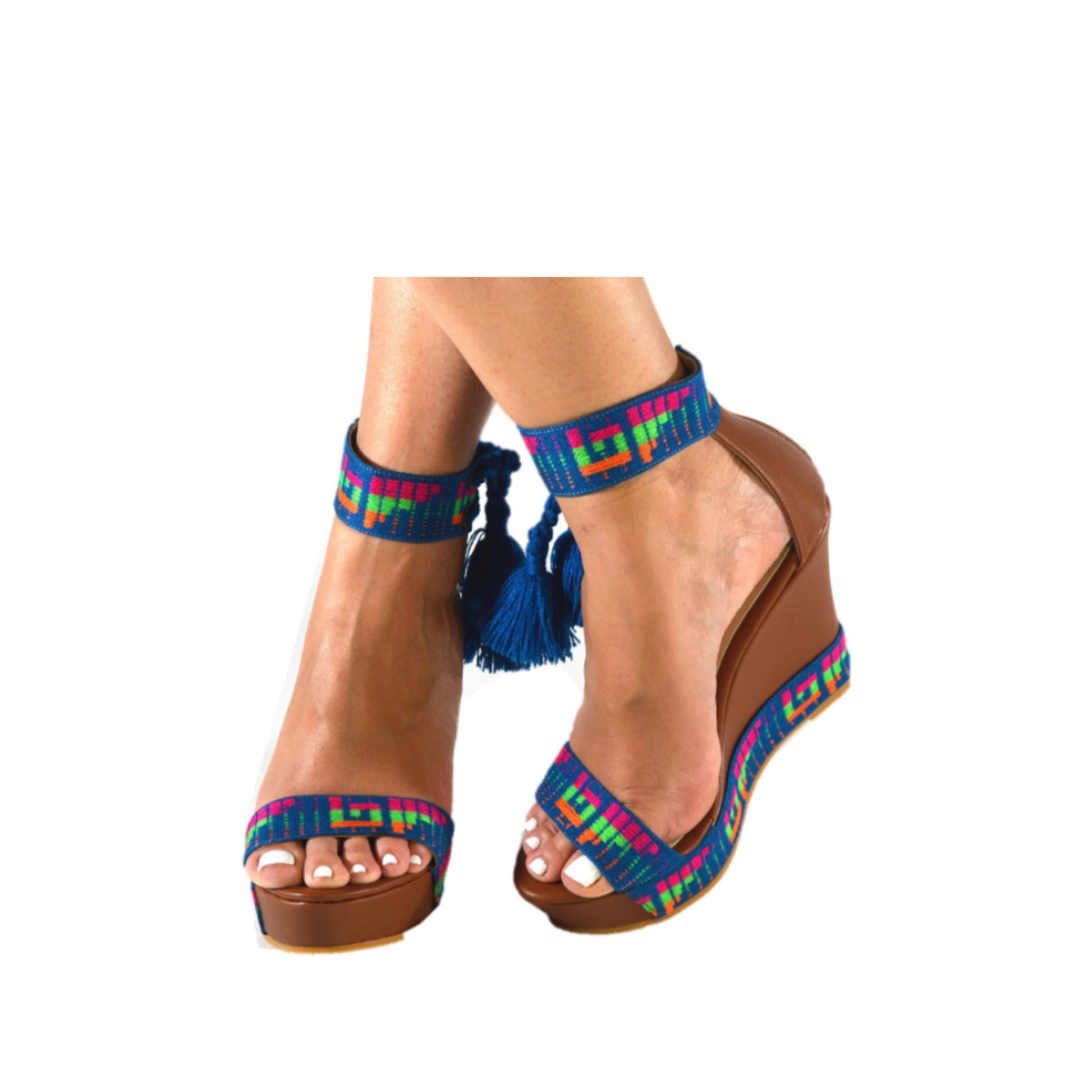 Mexican Wedges Brown with Blue Embroidered 8