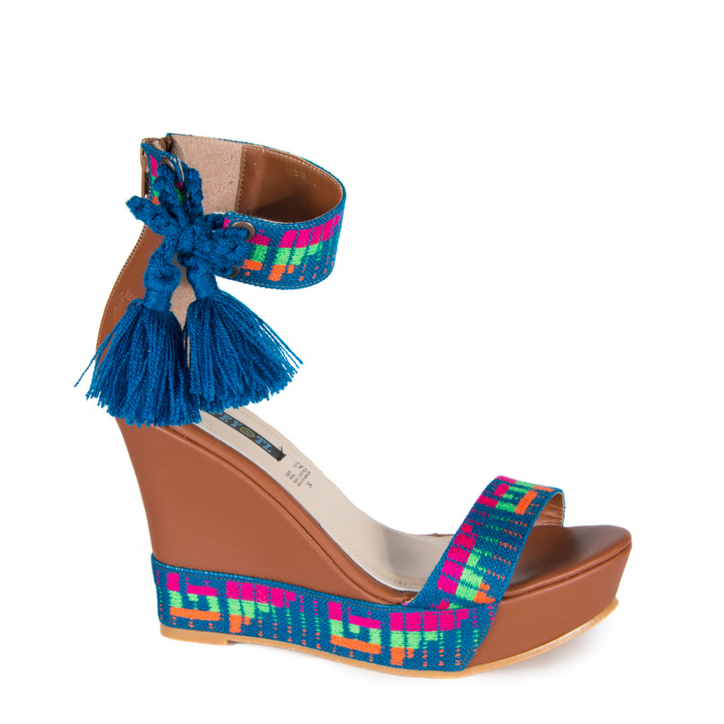 Mexican Wedges Brown with Blue Embroidered